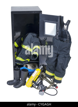 Fireman protective gear in a locker used for fighting fires and saving lives - path included Stock Photo