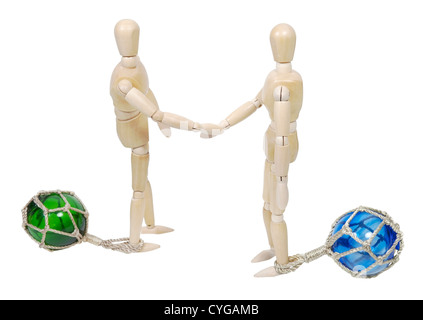 Shaking hands on business while tethered to glass floats to keep business afloat - path included Stock Photo