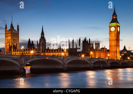 Big Ben Tower, House of Parliament Building and Westminster Bridge over River Thames, London England, UK Stock Photo