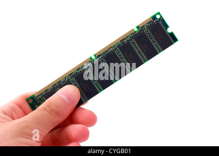 Hand holding computer ram isolated on white background Stock Photo