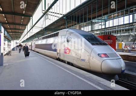 TGV, Train à Grande Vitesse, French high-speed train, SNCF Voyages, Stuttgart Main Train Station, South Germany Stock Photo