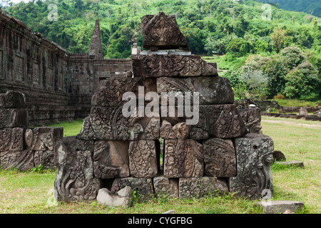 Wat Phou, which means 'temple mountain' in Lao, is a ruined Khmer temple complex in southern Laos. Stock Photo