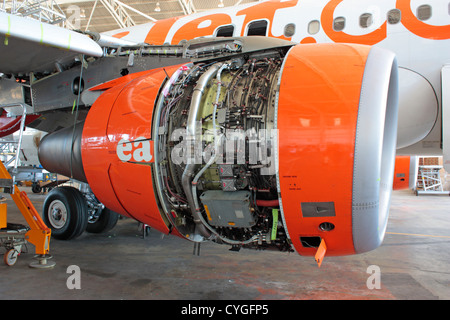 CFM56 turbofan jet engine on an easyJet Airbus A319 airliner under maintenance at SR Technics Malta