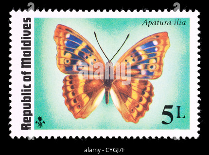 Postage stamp from the Maldive Islands depicting a Lesser Purple Emperor butterfly (Apatura ilia) Stock Photo