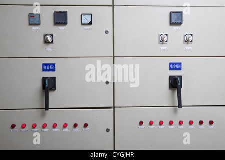 Industrial equipment control panel with red emergency stop button ...