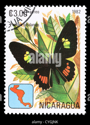 Postage stamp from Nicaragua depicting a tropical Iphidamas Cattleheart or Transandean Cattleheart butterfly (Parides iphidamas) Stock Photo