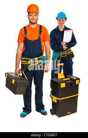 Happy carpenters workers team isolated on white background Stock Photo