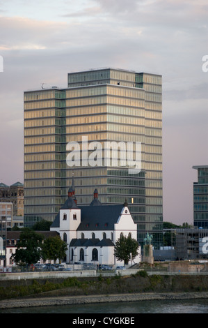 Alt St. Heribert church at Lufthansa offices at sunset, deutz, Cologne, Köln, Nordrhein-Westfalen, Germany Stock Photo