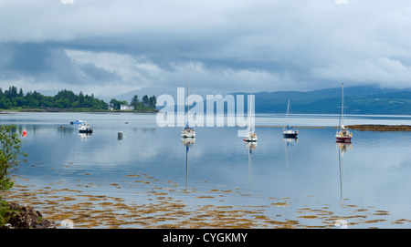 Moored Yachts near  Aros Castle in Salen Bay Isle of Mull. Scotland.  SCO 8776 Stock Photo