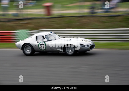 A grey Jaguar E-type hardtop classic racing car racing at Brands Hatch circuit. Stock Photo