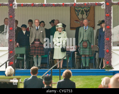 Queen, Duke of Edinburgh and Prince Charles at the Braemar Gathering, Aberdeenshire, Scotland Stock Photo