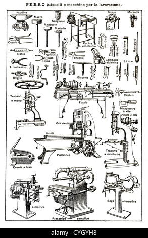 Vintage black and white table:  iron and metal carpentry, tools and equipment Stock Photo