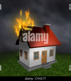 House fire and burning home insurance symbol with a burnt damaged residential structure that shows the destruction in flames and Stock Photo