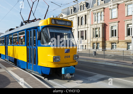 An older style electric tram on the streets of Leipzig in Germany Stock Photo