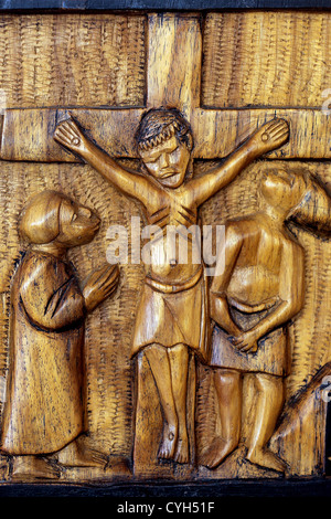 wooden way of the cross: 12. station, Jesus Christ on the cross.  In a roman catholic chapel in Namibia Stock Photo