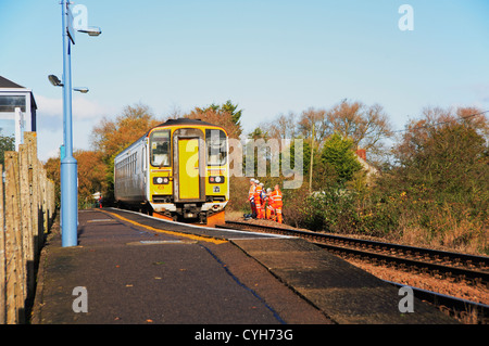 A diesel train and rail maintenance gang on the Wherry Lines at Haddiscoe Station, Norfolk, England, United Kingdom. Stock Photo