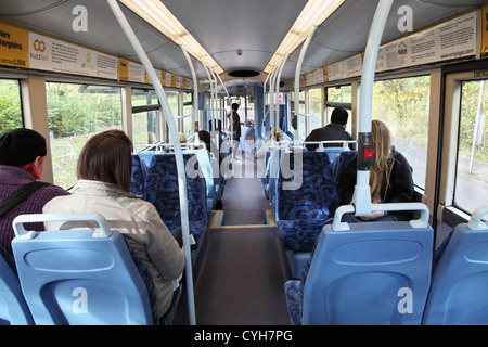 View inside single decker bus operating the Go Ahead group's Metrolink service M1 in Washington north east England UK Stock Photo