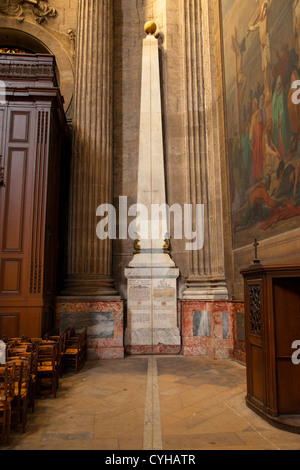 Gnomon line and obelisk marking the exact time of Easter, Saint Sulpice Church, Saint-Germain-des-Pres, Paris France Stock Photo