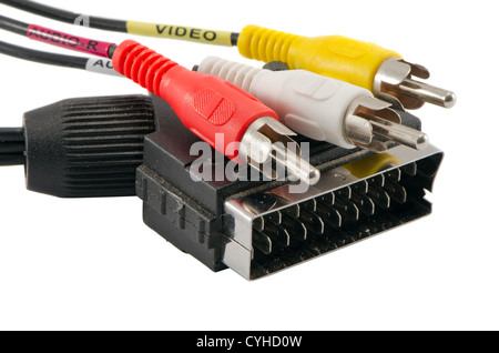 TV SCART cable connector and audio video colorful tulip wires plugs isolated on white background. Stock Photo