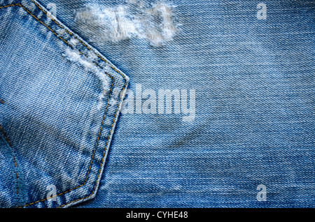Light blue jeans material pocket closeup photo as backdrop or abstract texture background Stock Photo