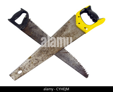 two crossed hand-saw hand saw wood cut tools isolated over white. Stock Photo