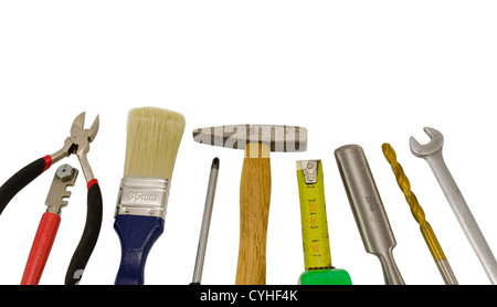 carpentry work tools hammer meter chisel wrench screwdriver glasscutter brush bit isolated on white background. Stock Photo