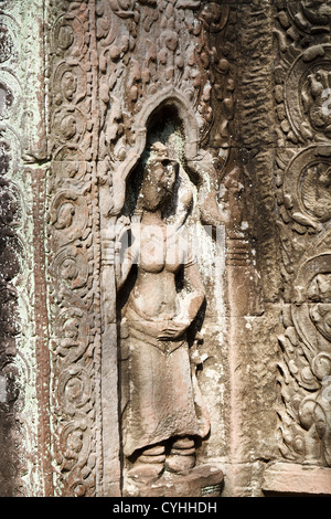 Mural Reliefs of the Temple Ta Prohm in the Angkor Temple Park, Cambodia Stock Photo