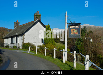 Pub sign for the Mortal Man in the village of Troutbeck, Lake District National Park, Cumbria, England UK Stock Photo