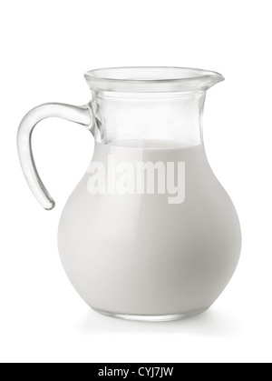 Glass jug of fresh milk isolated on white Stock Photo