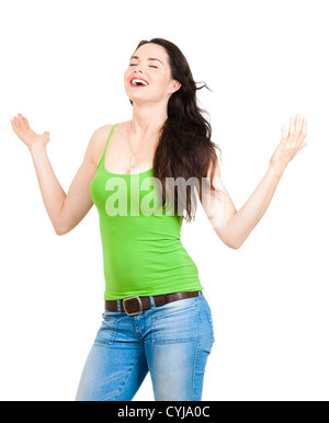 Stretching Out Her Arms. Happy Young Woman Standing Against a