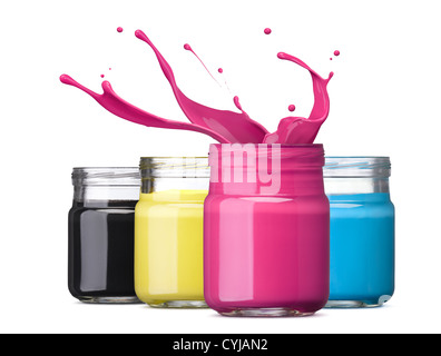 bottles of ink in cmyk colors, cyan with splash Stock Photo - Alamy
