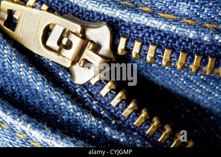 Blue denim jeans zipper. Stock Photo