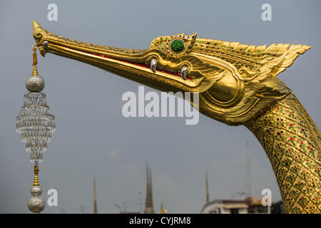 Nov. 6, 2012 - Bangkok, Thailand - The ornamental prow of the Royal Barge Suphannahong on the Chao Phraya River in the dress rehearsal for the Royal Barge Procession. Thailand's Royal Barge Procession has both religious and royal significance. The tradition is nearly 700 years old. The Royal Barge Procession takes place rarely, typically coinciding with only the most important cultural and religious events.  Stock Photo