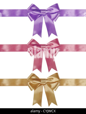 Set of ribbon bows - gold, pink, violet on white background. Clipping path for each bow included. Stock Photo