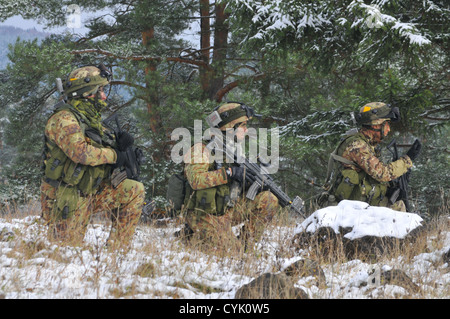 Italian soldiers from the 183rd Airborne Regiment pull security during a decisive action training environment exercise, Saber Junction 2012, at the Joint Multinational Readiness Center in Hohenfels, Germany, Oct. 28, 2012. Saber Junction 2012, the U.S. Ar Stock Photo