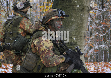 An Italian soldier from the 183rd Airborne Regiment yells orders to his soldiers during a decisive action training environment exercise, Saber Junction 2012, at the Joint Multinational Readiness Center in Hohenfels, Germany, Oct. 28, 2012. Saber Junction Stock Photo