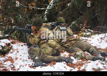 Italian soldiers from the 183rd Airborne Regiment pull security during a decisive action training environment exercise, Saber Junction 2012, at the Joint Multinational Readiness Center in Hohenfels, Germany, Oct. 28, 2012. Saber Junction 2012, the U.S. Ar Stock Photo