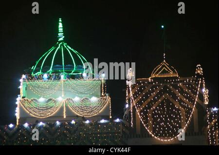 A beautiful illuminated view of the Shrine of Hazrat  Abdullah Shah Ghazi (R.A) on the event of his Annual Urs at his Shrine in Karachi on Tuesday,  November 06, 2012. Devotees flock to the Shrine to celebrate the Urs (death anniversary) of the  Ghazi (R.A), from the 20th to the 22nd of the lunar month, this year corresponding to the 6th, 7th  and 8th of November. Stock Photo