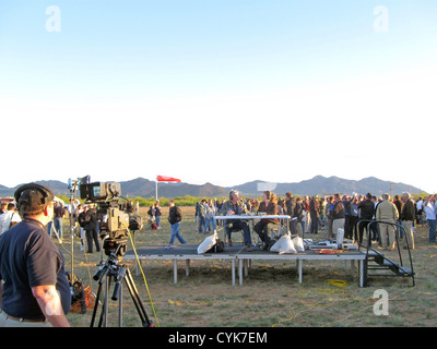 NASA TV broadcasting live from the Orion Pad Abort 1 test flight at White Sands Missile Range, New Mexico. On stage, left to rig Stock Photo