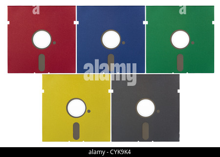 Five 5.25 inch soft floppy disks in various colors isolated on a white background Stock Photo