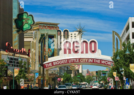 Reno welcome sign on main street scene Reno, Nevada. Stock Photo