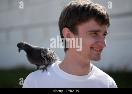 young man pigeon shoulder smiling Stock Photo