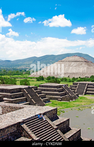 Mexico, Mexico City, Teotihuacan, The Pyramid of the Moon and the Avenue of the Dead as seen from the Pyramid of the Sun Stock Photo