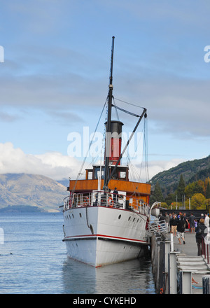 Historic passenger steam ship TSS Earnslaw moored at quayside in Queenstown. South Island Stock Photo