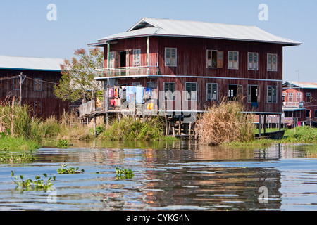 Myanmar, Burma. Village House on Stilts, Inle Lake, Shan State. Stock Photo