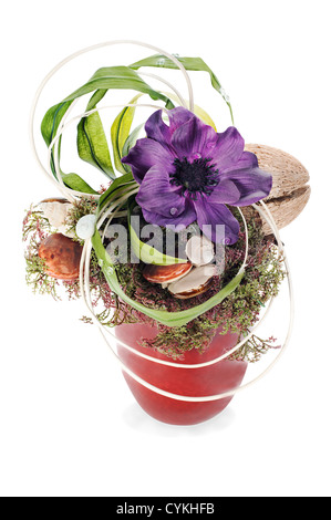 abstract composition from coconut, flower, rocks and vines arrangement centerpiece in vase isolated on white background Stock Photo