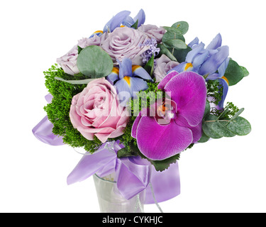 colorful flower wedding bouquet for bride from roses, iris and orchid, isolated on white background Stock Photo
