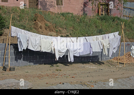 Cloths Hanging On Clothesline, India Stock Photo