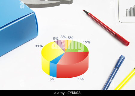 Three-dimensional pie chart and pen Stock Photo