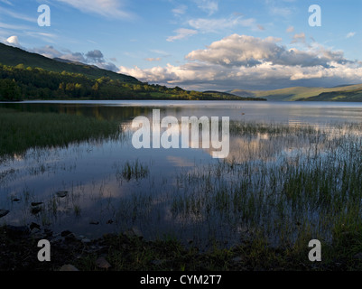 Soft evening light on still lake waters with reeds and distant headlands Stock Photo